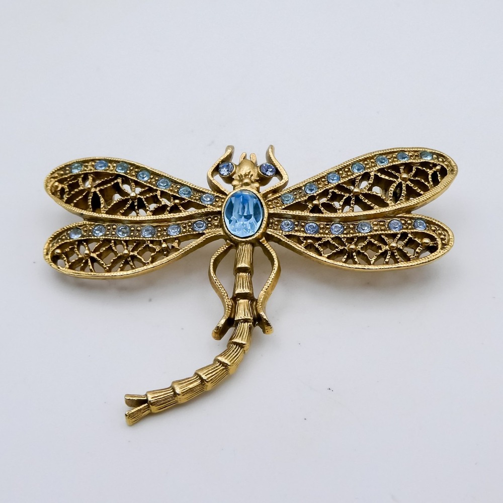 Vintage Blue Rhinestone Dragonfly Goldtone Large 2.2" Figural Brooch Pin